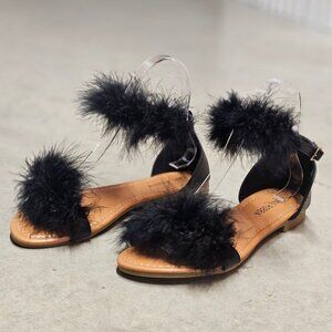 Faux Fur Black Ankle Strap Flat Sandals